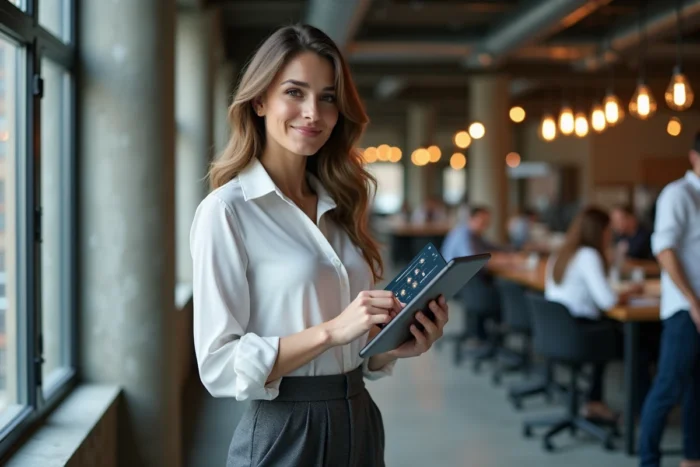Femme entrepreneur dans un espace de coworking consultan une interface d'automatisation de processus métier sur tablette