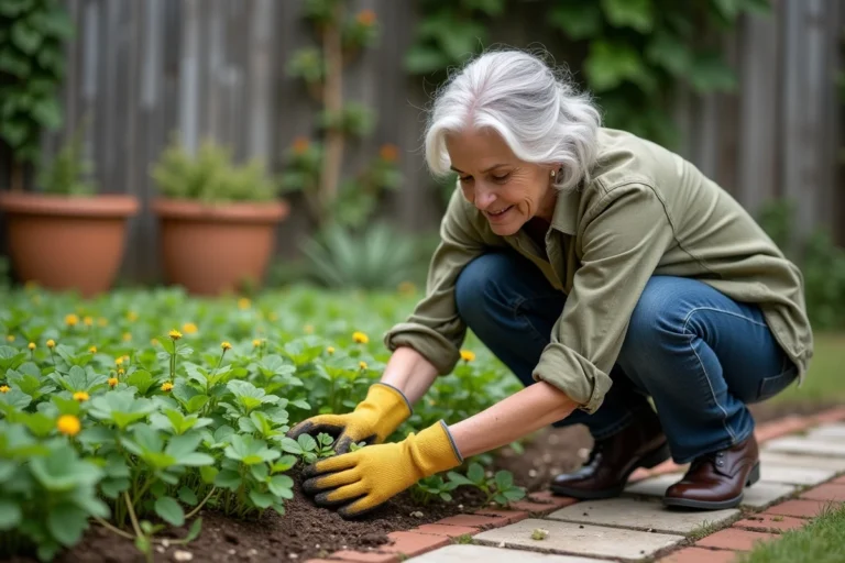 Femme inspectant une invasion d'oxalis dans un parterre de jardin résidentiel, avec des mauvaises herbes aux feuilles trifoliées et fleurs jaunes entre les pavés