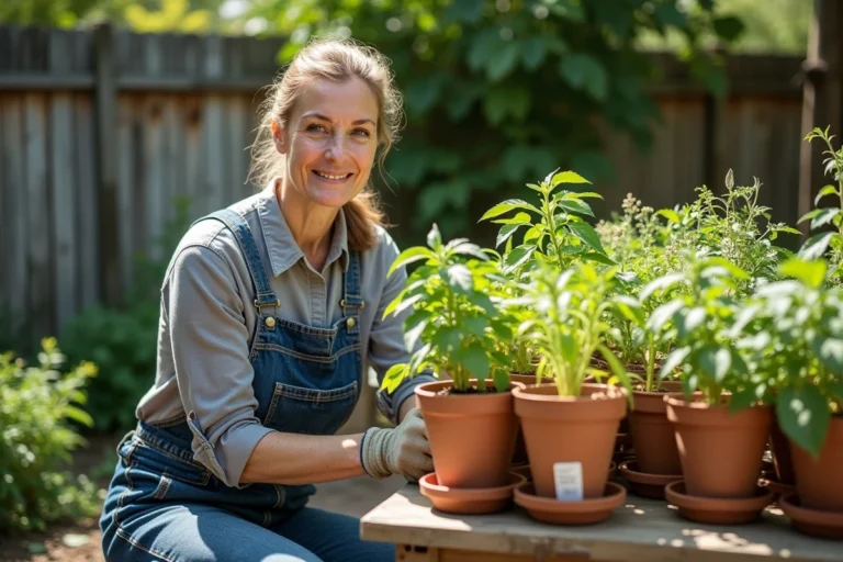 Femme jardinière comparant les prix de plants en pot dans une jardinerie de plein air