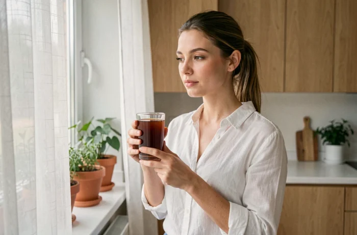 Femme tenant un verre de jus de noni bio dans une cuisine minimaliste pour une cure minceur saine