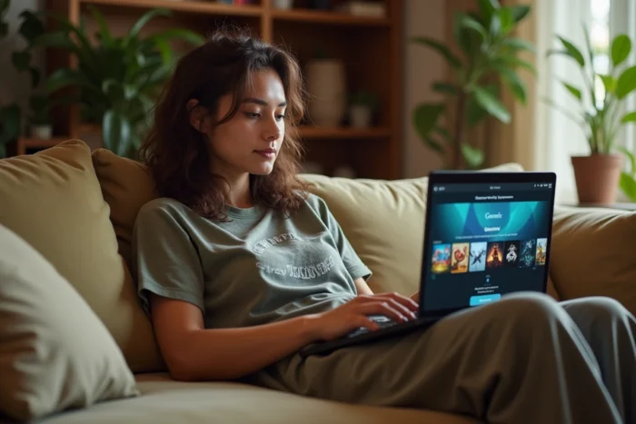 Jeune femme détendue sur un canapé avec un laptop consultant des plateformes alternatives de gaming