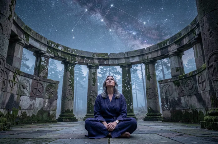 Femme en robe indigo méditant dans un temple de pierre sous un ciel étoilé avec sept étoiles visibles