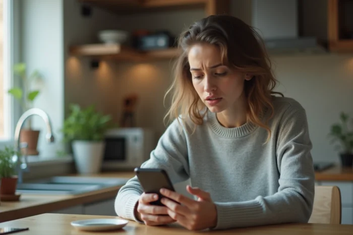 Femme inquiète regardant un message WhatsApp provenant d'un numéro inconnu avec l'indicatif +212 du Maroc