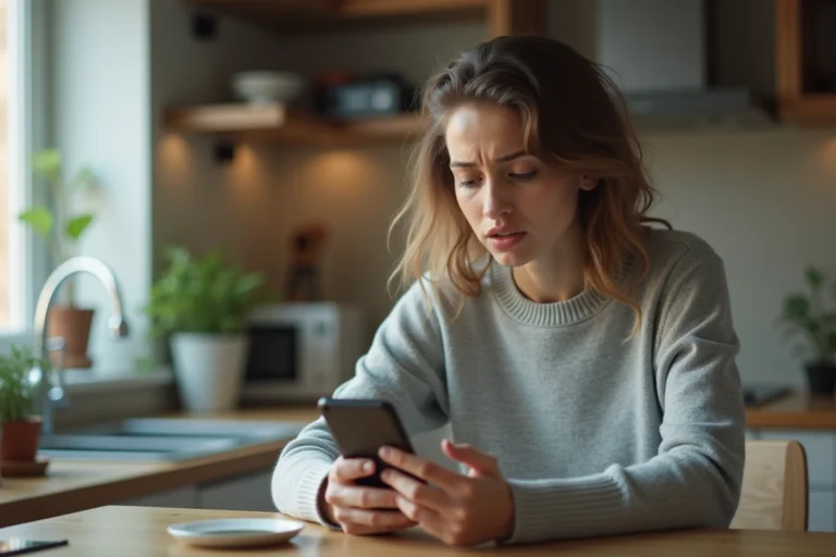 Femme inquiète regardant un message WhatsApp provenant d'un numéro inconnu avec l'indicatif +212 du Maroc