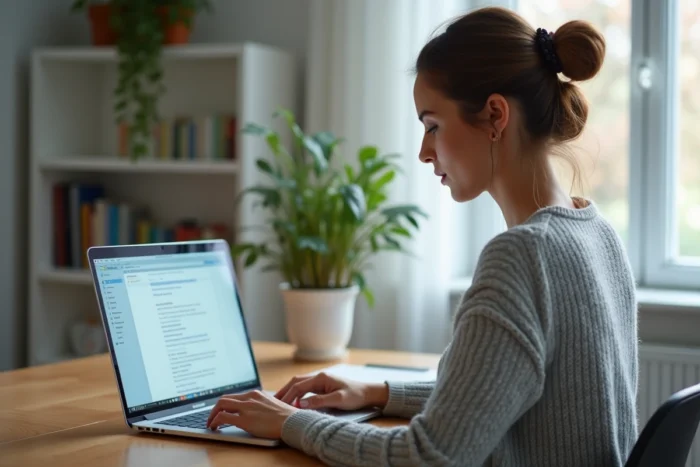 Femme accédant à sa messagerie Akeonet sur un ordinateur portable dans un bureau à domicile moderne