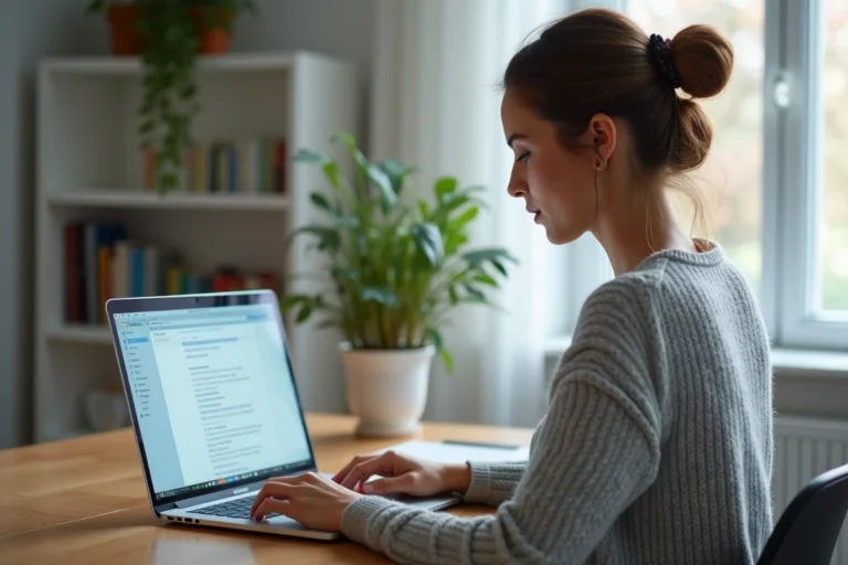Femme accédant à sa messagerie Akeonet sur un ordinateur portable dans un bureau à domicile moderne