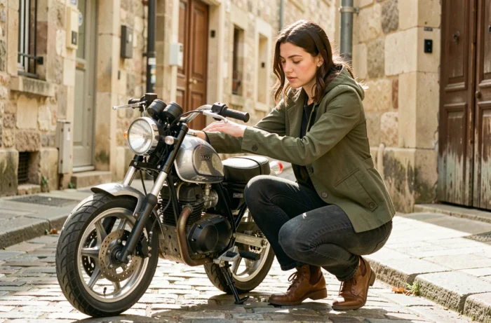 Jeune femme examinant le moteur d'un mini-moto Dax 125cc dans une rue pavée
