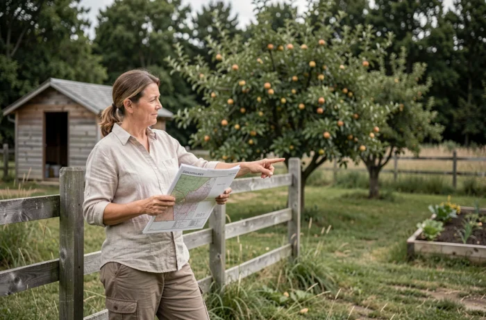 Femme consultant un plan cadastral sur un terrain boisé pour un projet d'autonomie alimentaire