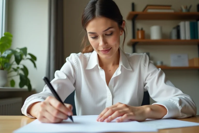 Femme professionnelle en train d'écrire une adresse sur une enveloppe blanche pour envoyer un CV