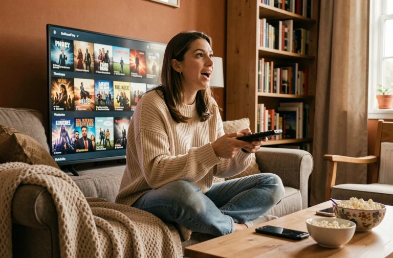 Jeune femme enthousiaste regardant ses séries TV préférées sur un canapé confortable avec télécommande et smartphone