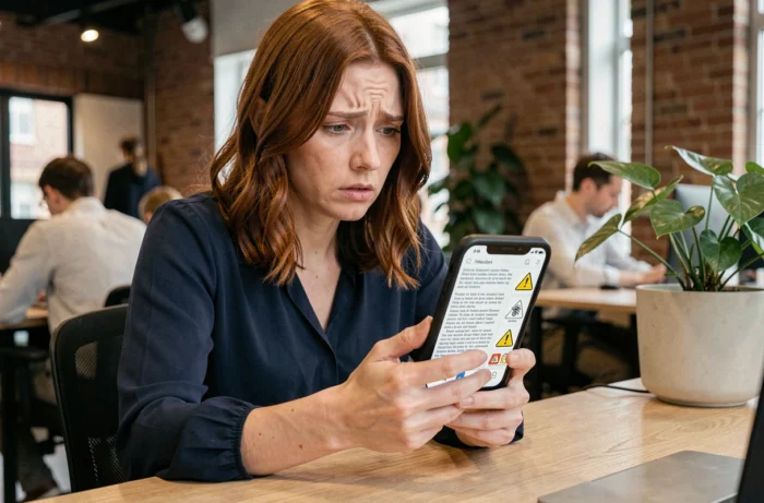 Femme inquiète lisant des informations sur un site web douteux depuis son smartphone dans un espace de coworking