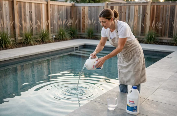 Femme versant correctement le chlore choc directement dans l'eau de la piscine et non dans le skimmer, démontrant la bonne méthode de traitement