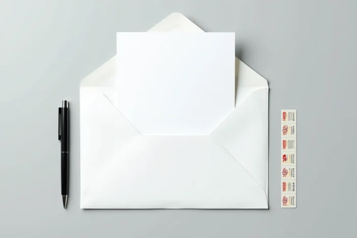 Vue de dessus d'une enveloppe blanche, un CV imprimé, un stylo et des timbres pour envoyer une candidature