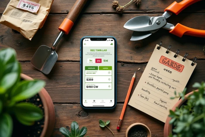 Flat-lay d'outils de jardinage, sachets de graines et smartphone avec application de comparaison de prix pour jardinerie discount