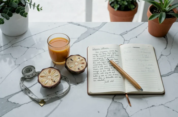 Vue de dessus jus de noni bio avec fruit coupé, mètre ruban et journal bien-être pour cure minceur