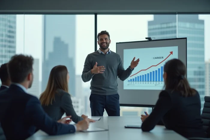 Formateur présentant un séminaire de développement professionnel devant un groupe de participants en salle de conférence