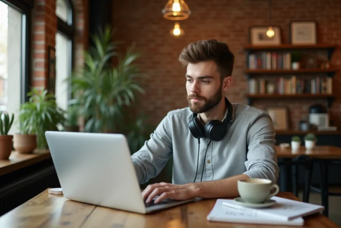 Jeune professionnel suivant une formation en ligne sur son ordinateur portable dans un café moderne