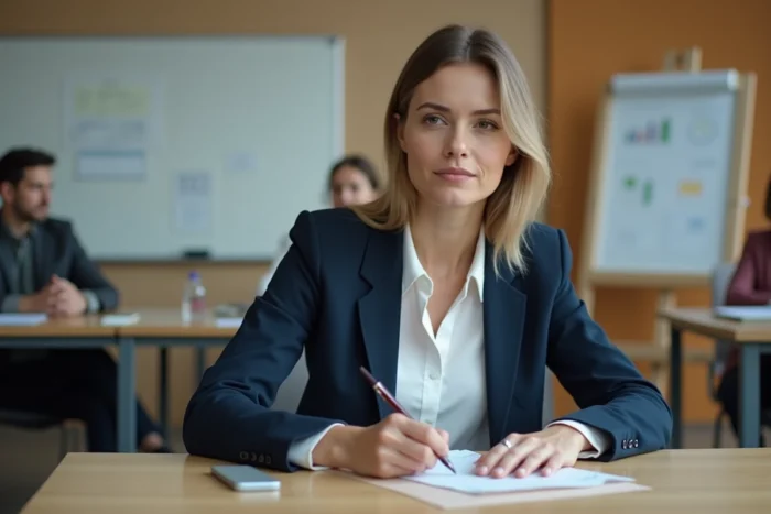 Femme professionnelle prenant des notes lors d'une formation en entreprise dans un espace de travail moderne