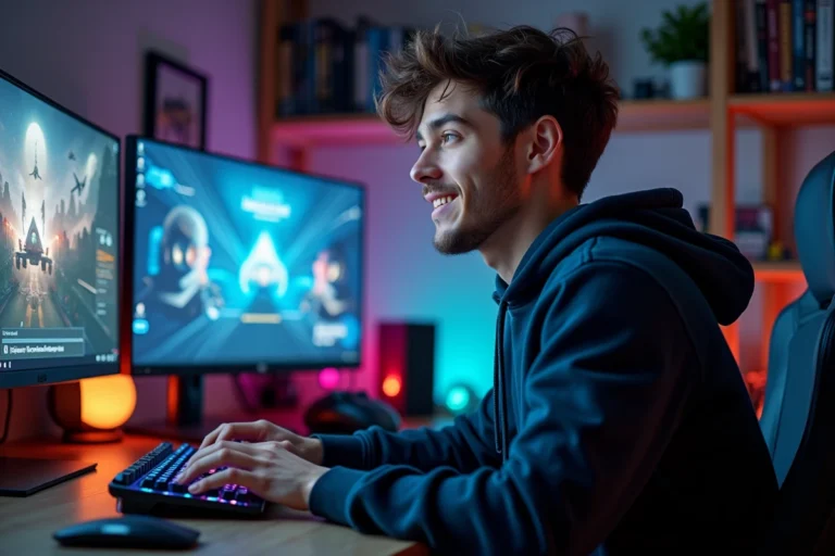 Jeune gamer masculin assis devant une configuration gaming multi-écrans explorant des sites alternatifs de jeux vidéo