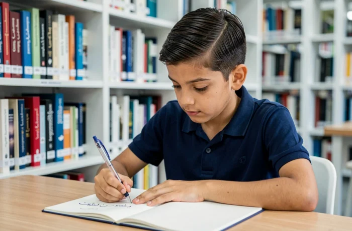 Garçon arabe concentré écrivant son prénom en calligraphie arabe dans une bibliothèque moderne