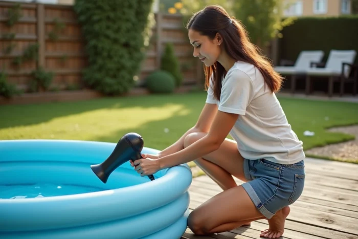 Femme gonflant une piscine gonflable avec un sèche-cheveux dans un jardin ensoleillé