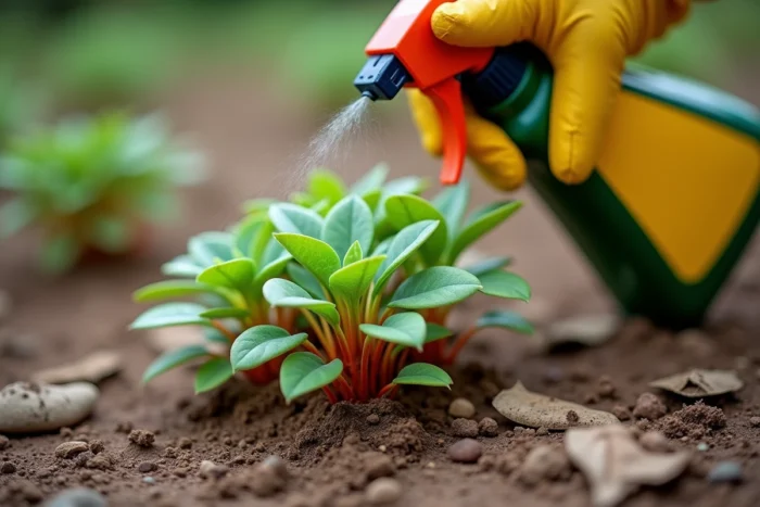 Gros plan d'une main appliquant un désherbant en spray sur des plants de pourpier dans la terre