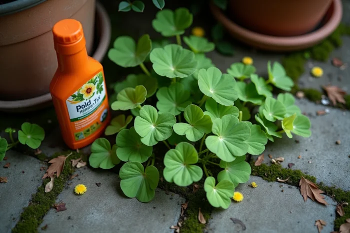 Gros plan sur des plants d'oxalis poussant dans des fissures de béton avec un flacon de désherbant et son étiquette visible à côté