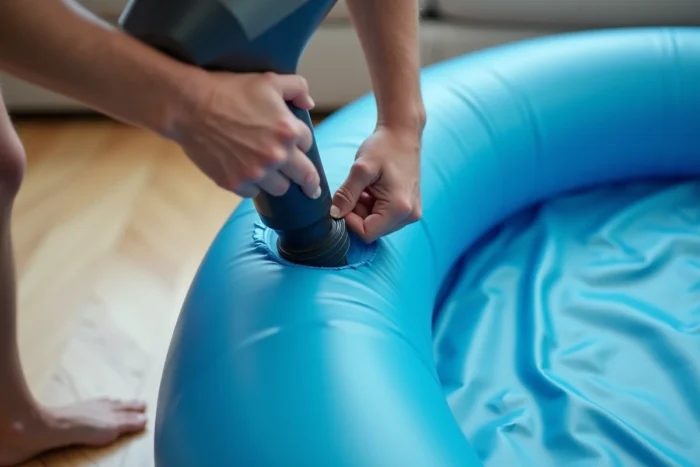 Gros plan sur un sèche-cheveux adapté à la valve d'une piscine gonflable pour la gonfler à l'intérieur