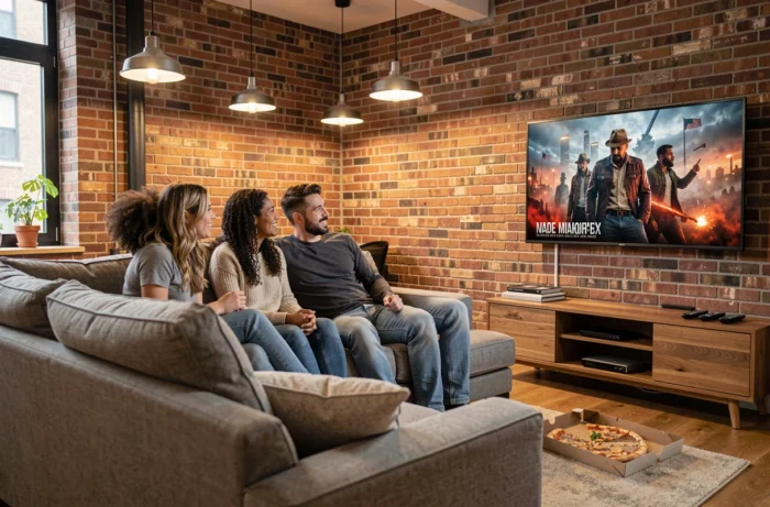 Groupe d'amis réunis dans un appartement moderne pour regarder leurs séries TV préférées ensemble sur grand écran