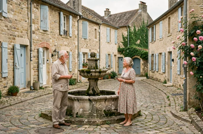 Deux habitants âgés discutant près d'une fontaine en pierre dans la place centrale d'un petit hameau français aux volets bleus