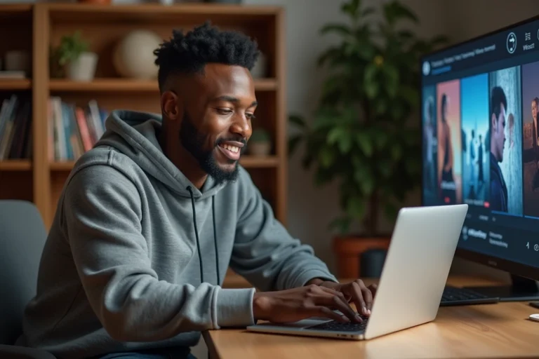 Homme jeune naviguant sur un site de streaming de films depuis son bureau à domicile en 2026