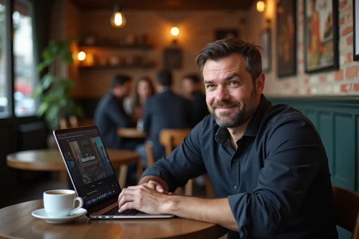 Homme accédant à un site de films en streaming depuis un café parisien avec son ordinateur portable