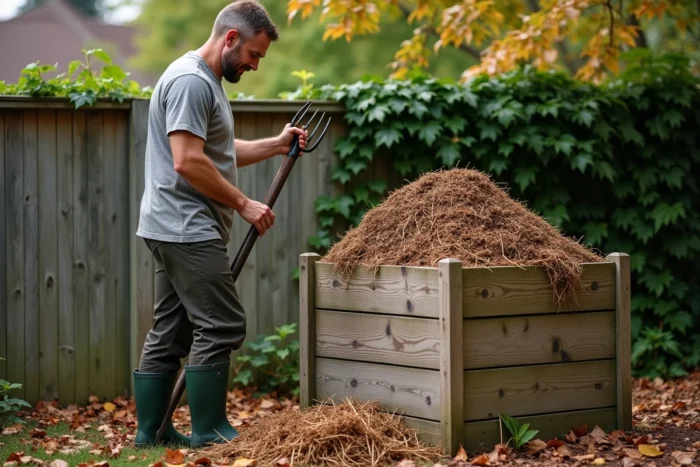 Homme retournant un tas de compost dans un bac en bois au fond d'un jardin potager en automne