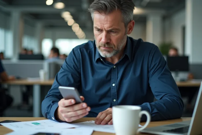 Homme au bureau analysant avec méfiance un message WhatsApp venant d'un numéro avec l'indicatif 212