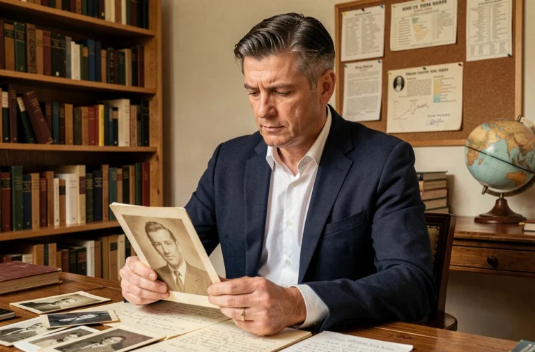 Homme pensif tenant une photographie de famille ancienne dans un bureau rempli de documents généalogiques