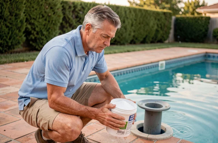 Homme adulte tenant un seau de chlore choc près d'un skimmer de piscine, illustrant les précautions à prendre lors du traitement de l'eau