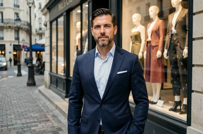 Homme en costume marine Banana Republic devant une vitrine de boutique de style parisien