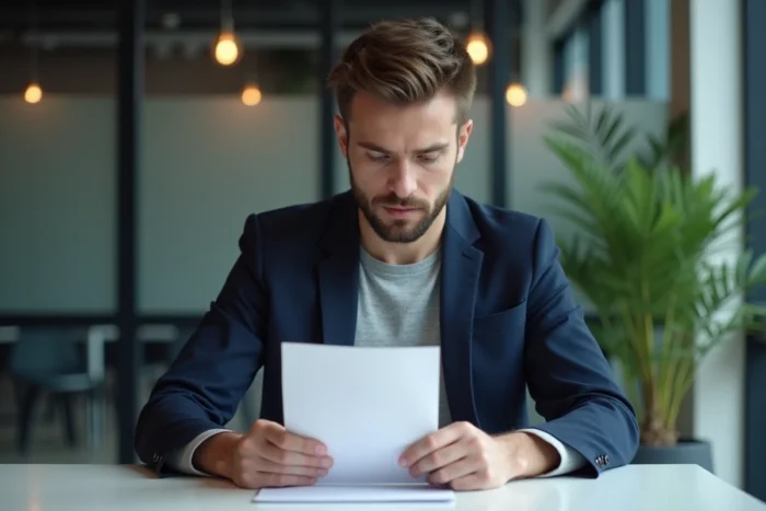 Homme en costume comparant son CV imprimé et une enveloppe cachetée pour une candidature professionnelle