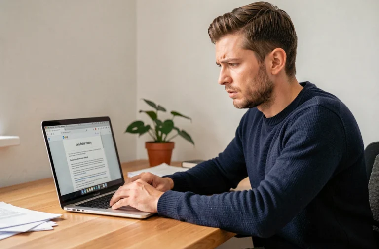 Homme frustré face à une erreur de connexion sur son ordinateur portable dans un bureau à domicile