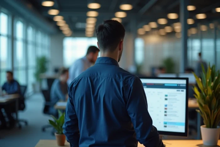 Homme gérant ses emails professionnels sur un écran d'ordinateur dans un bureau en open space