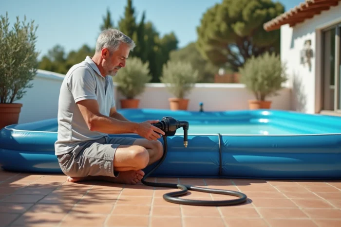 Homme utilisant un sèche-cheveux pour gonfler une piscine rectangulaire sur une terrasse méditerranéenne