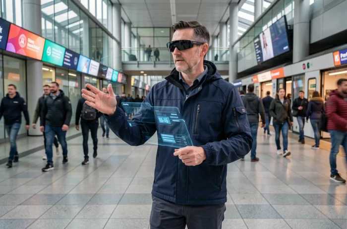 Homme portant des lunettes de réalité augmentée dans une station de métro moderne, symbolisant les nouvelles technologies du quotidien en 2024