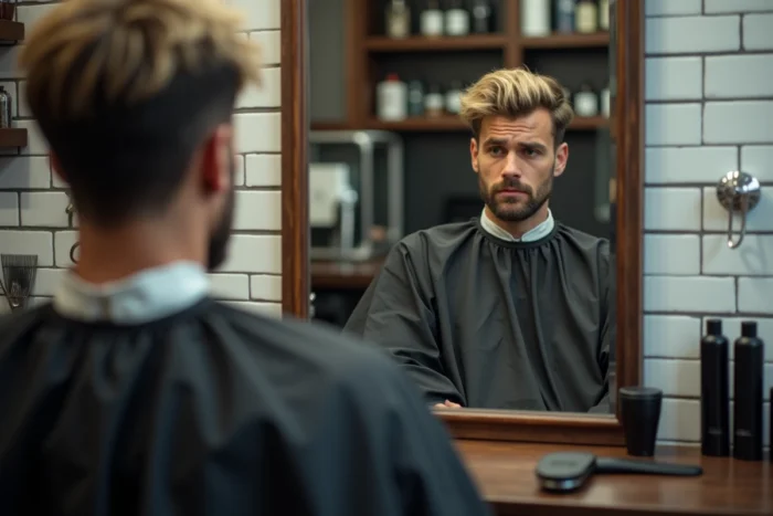 Homme en cape de salon examinant sa mèche blonde ratée dans le miroir d'un barbier