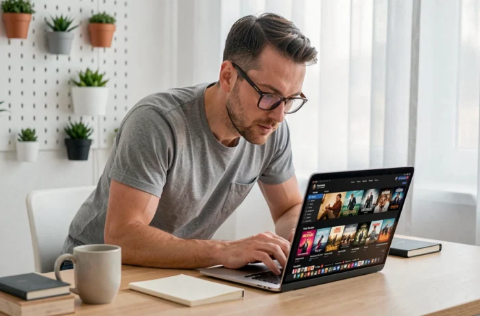 Homme avec lunettes consultant les nouveautés de séries TV sur un ordinateur portable dans un bureau moderne
