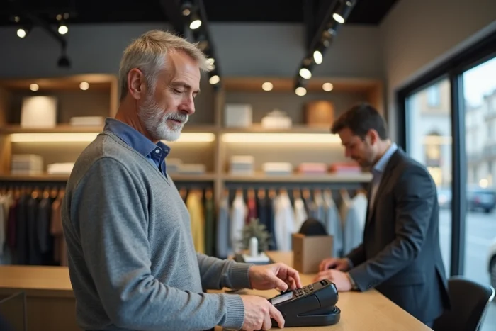Homme utilisant une carte bancaire sans contact Crédit Agricole à un terminal de paiement en boutique