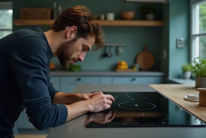 Homme examinant le panneau de commande tactile de la plaque induction Smeg pour désactiver le verrouillage enfant dans une cuisine scandinave