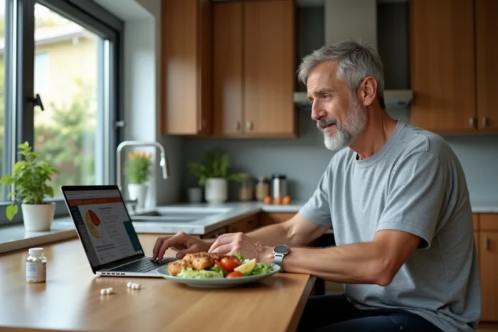 Homme recherchant des informations sur les compléments minceur sur son ordinateur à la cuisine