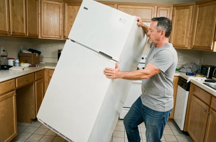 Homme redressant un réfrigérateur couché dans une cuisine lors d'un déménagement