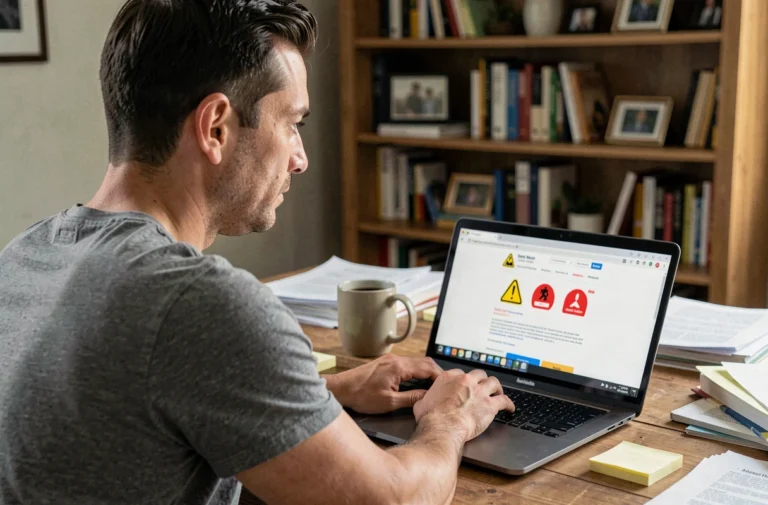 Homme consultant un site web suspect sur son ordinateur portable avec des alertes de sécurité visibles à l'écran
