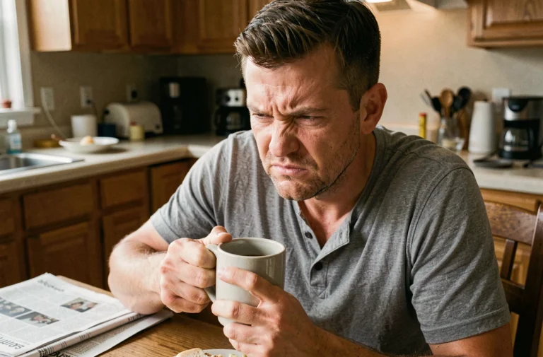 Homme soupe au lait exprimant une frustration soudaine autour d'un café dans une cuisine ordinaire